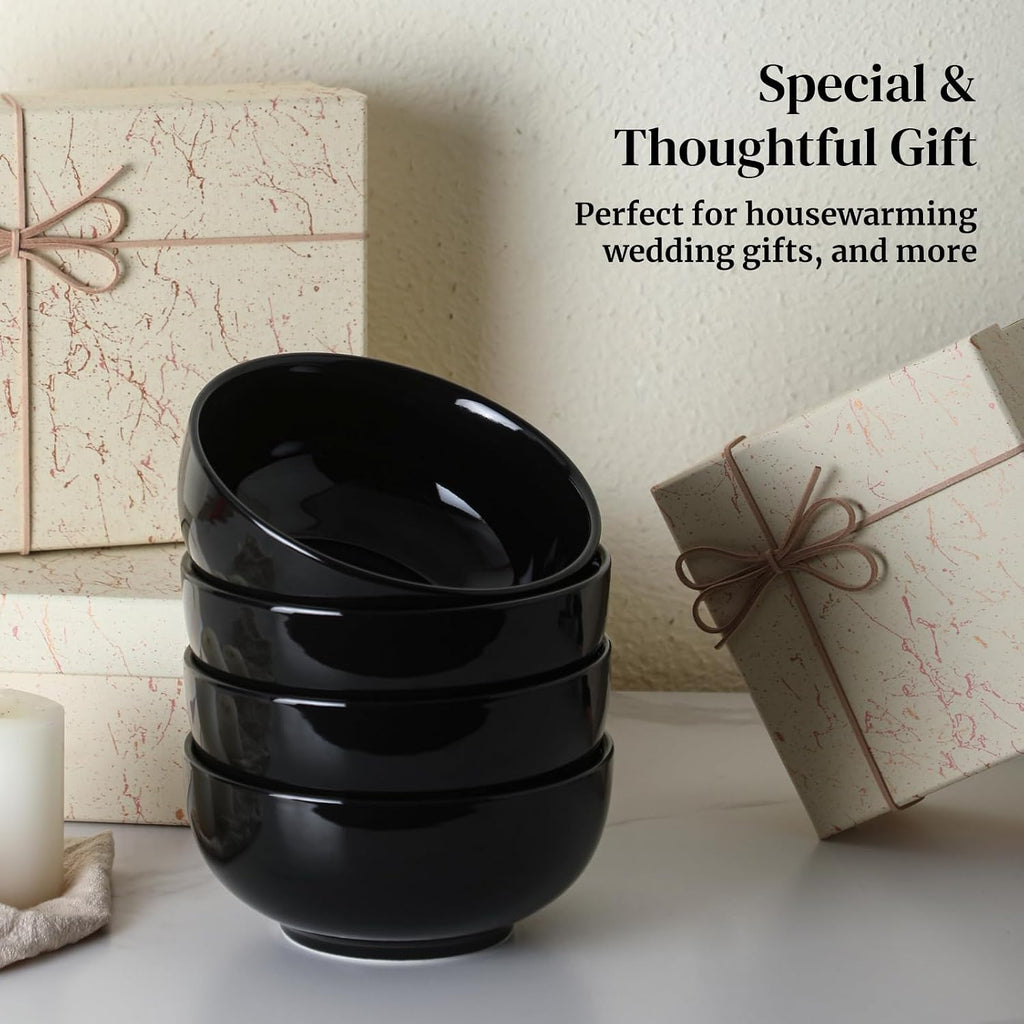 DOWAN 22 OZ Ceramic Soup Bowls & Cereal Bowls - 6" Classic Bowls Set of 4 for Soup  Cereal  Oatmeal  Fruit  Rice - Dishwasher & Microwave Safe (Black)